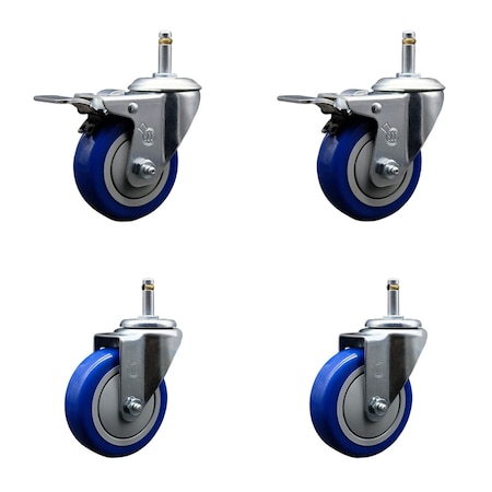 Service Caster 4'' Blue Poly Wheel Swivel 7/16'' Stem Caster Set 2 Total Lock Brake, 4PK SCC-GRTTL20S414-PPUB-BLUE-716138-2S2